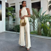 Hazel | Asymmetrisches Halter-Crop-Top mit weitem Hosen-Set – Beige