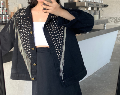 Oversized-Jeansjacke mit Blumendruck und Fransen