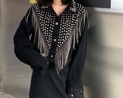 Oversized-Jeansjacke mit Blumendruck und Fransen