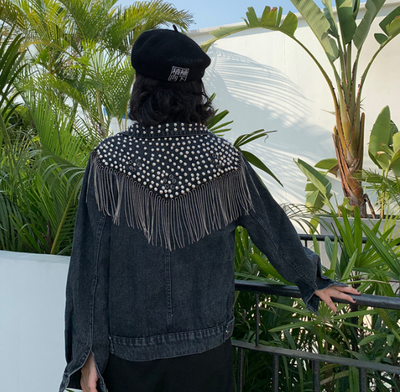 Oversized-Jeansjacke mit Blumendruck und Fransen