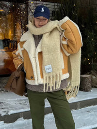 Lehmann Modehaus | Modisch Damen-Pilotjacke mit Lammfellimitat und Kontrastnähten – Camel