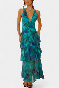 Domenica V-Ausschnitt Chiffonkleid mit eleganten, fließenden Lagen – Grün