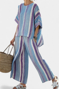 Julietta | Elegantes mauvefarbenes Pastell-Top & gestreifte Leinenhose – Bunt gestreift