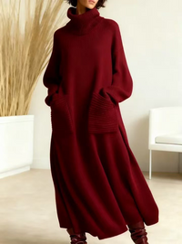 Glenda™ - Damen Oversize Strickkleid Rollkragen – Bourgogne