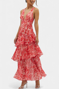Domenica V-Ausschnitt Chiffonkleid mit eleganten, fließenden Lagen – Rot