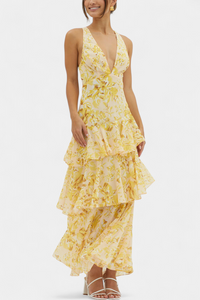 Domenica V-Ausschnitt Chiffonkleid mit eleganten, fließenden Lagen – Gelb