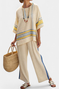 Clara | Bequemes Blau-Gelbes Mediterranes Top & Leinenhosen – Mehrfarbige Streifen