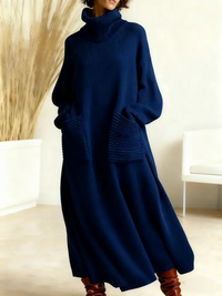 Glenda™ - Damen Oversize Strickkleid Rollkragen – Blau