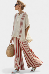 Kendall | Elegantes Texturiertes Top mit Roten Streifen & Leinenhose – Roter Streifen