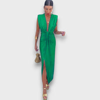 Oriane – Drapiertes Abendkleid mit tiefem Ausschnitt – Grün