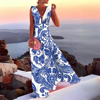 Samantha - Schickes und stilvolles ärmelloses bedrucktes Kleid für Frauen – Blau und Weiß