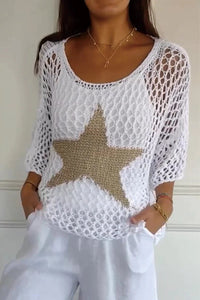 Paula - Gehäkeltes Shirt mit goldverziertem Sternmotiv – Weiß