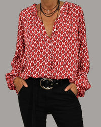 Celia - Langärmelige Bluse mit V-Ausschnitt und geometrischem Druck – Rot