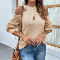 Gwenn - Lässiger schulterfreier Pullover mit Kreuzausschnitt – Khaki