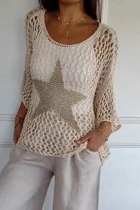 Paula - Gehäkeltes Shirt mit goldverziertem Sternmotiv – Beige