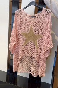 Paula - Gehäkeltes Shirt mit goldverziertem Sternmotiv – Rosa