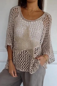 Paula - Gehäkeltes Shirt mit goldverziertem Sternmotiv – Grau