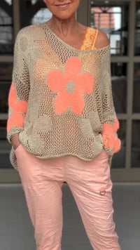 V-Ausschnitt-Strickbluse mit Blumenmuster – Orange