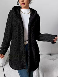 Elegant Hooded Jacquard Plush Cardigan – Schwarz