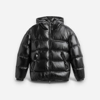 Unisex Pufferjacke in mittellanger Passform mit integrierter Kapuze – Schwarz
