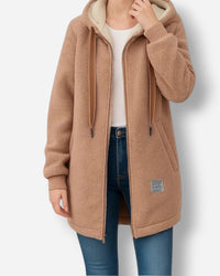 Fleecejacke mit Kapuze für Damen mit weichem Flauschfutter in hüftbedeckender Form – Braun