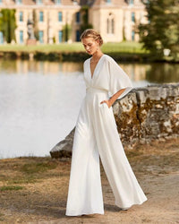 Iolanthe | Damen Wide Leg V-Ausschnitt Jumpsuit – Weiß