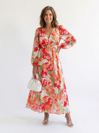 Isolde | Damen Blumenmuster Wickel Maxikleid – Orange