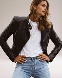 Damen Bikerjacke mit gerippten Ärmeln – Schwarz