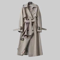 Helga | Damen Langer Doppelreihiger Trenchcoat Mit Gürtel – Grau
