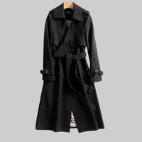 Helga | Damen Langer Doppelreihiger Trenchcoat Mit Gürtel – Schwarz