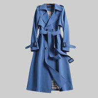 Helga | Damen Langer Doppelreihiger Trenchcoat Mit Gürtel – Blau