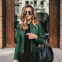 Kunstlederjacken für Damen - Leichte Sommerjacke mit Stehkragen – Grün