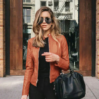 Kunstlederjacken für Damen - Leichte Sommerjacke mit Stehkragen – Braun