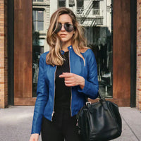 Kunstlederjacken für Damen - Leichte Sommerjacke mit Stehkragen – Blau
