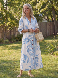 Josefine | Damen Blumen Maxikleid mit 3/4 Ärmeln – Blau