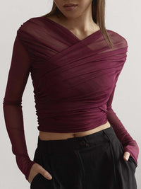 Damen Überkreuzte Front Lang Shirt – Bordeaux