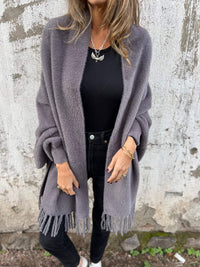 Elegante Fransenschal-Strickjacke für Frauen – Grau