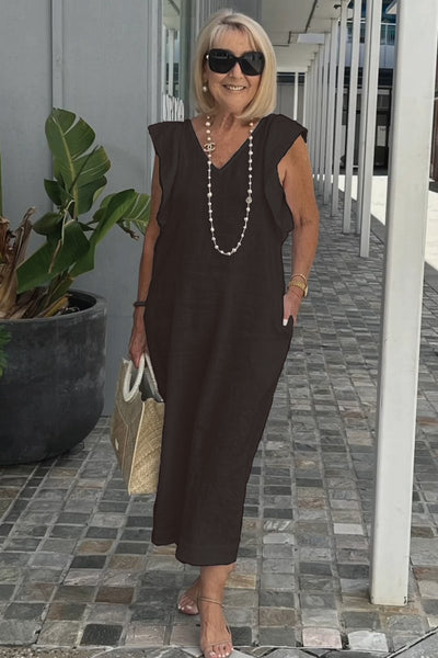 Greta - Elegantes V-Ausschnitt langes locker sitzendes Kleid