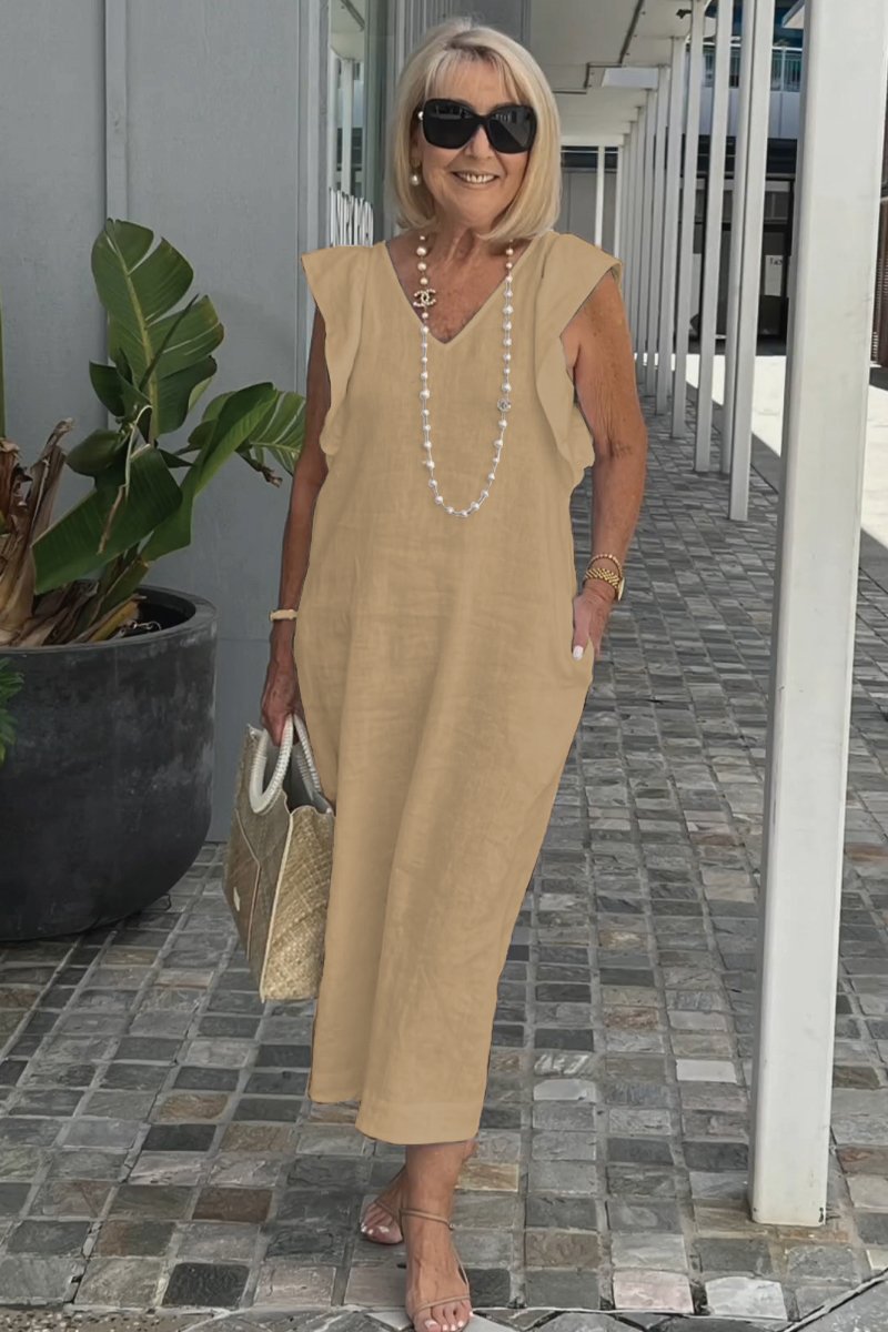 Greta - Elegantes V-Ausschnitt langes locker sitzendes Kleid