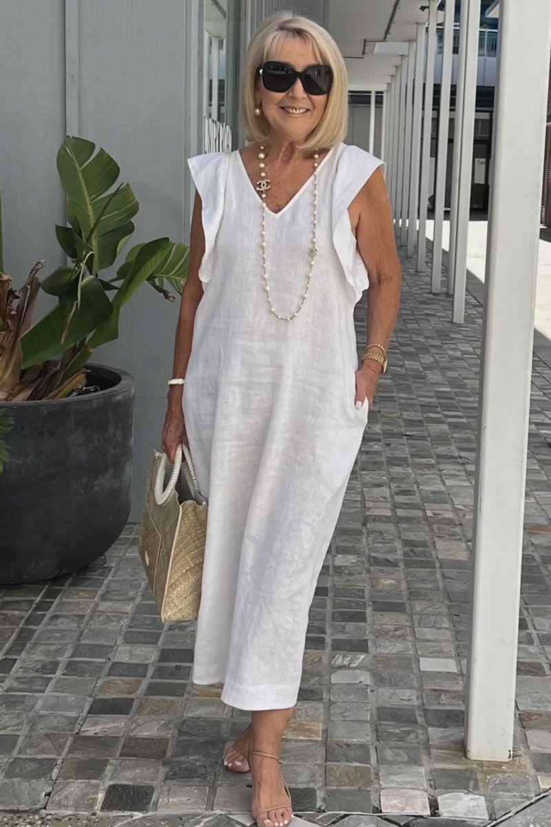 Greta - Elegantes V-Ausschnitt langes locker sitzendes Kleid
