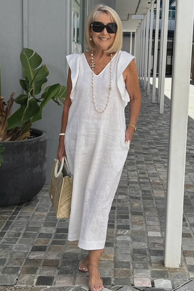 Greta - Elegantes V-Ausschnitt langes locker sitzendes Kleid