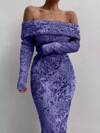 Heidi-Mode | Pailletten Off-Shoulder Sexy Maxikleid – Blau