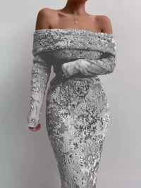 Heidi-Mode | Pailletten Off-Shoulder Sexy Maxikleid – Grau