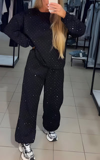 Sparkora™ - Lässiges Sweatshirt- und Hosen-Set mit Diamantdetails – Schwarz