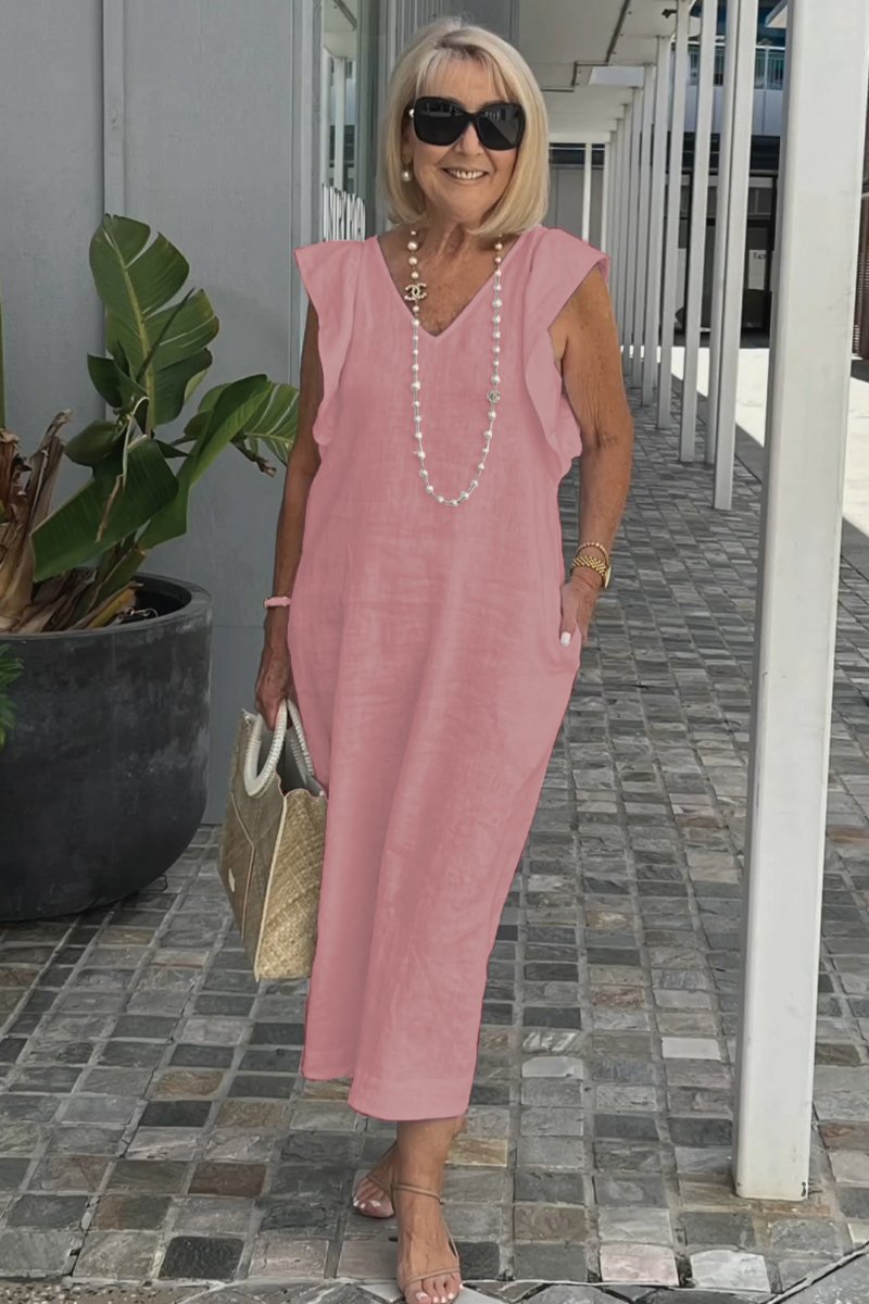 Greta - Elegantes V-Ausschnitt langes locker sitzendes Kleid
