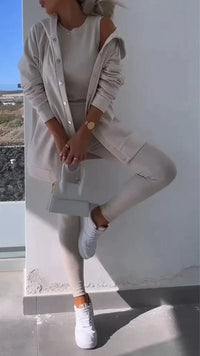 Heidi-Mode | Dreiteiliges Ensemble Kapuzen-Cardigan Sweatshirt – Aprikose