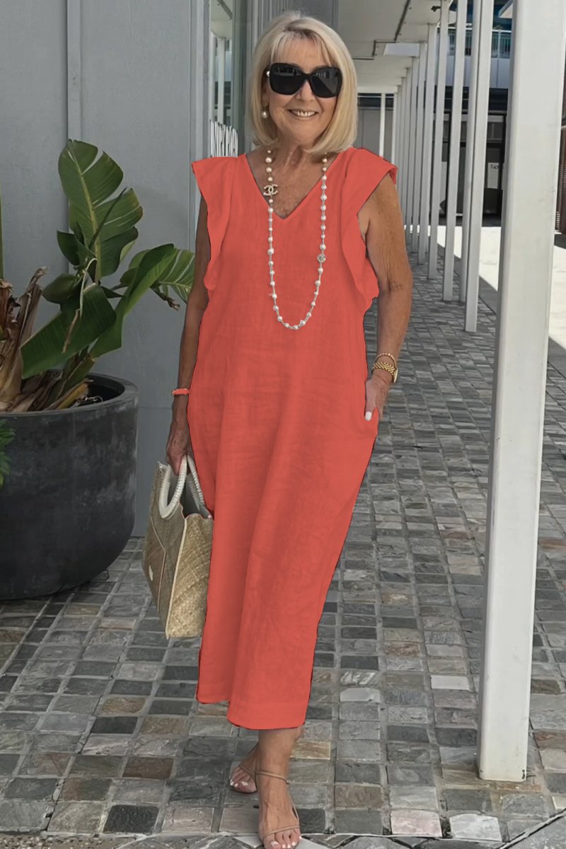 Greta - Elegantes V-Ausschnitt langes locker sitzendes Kleid