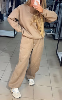 Sparkora™ - Lässiges Sweatshirt- und Hosen-Set mit Diamantdetails – Khaki