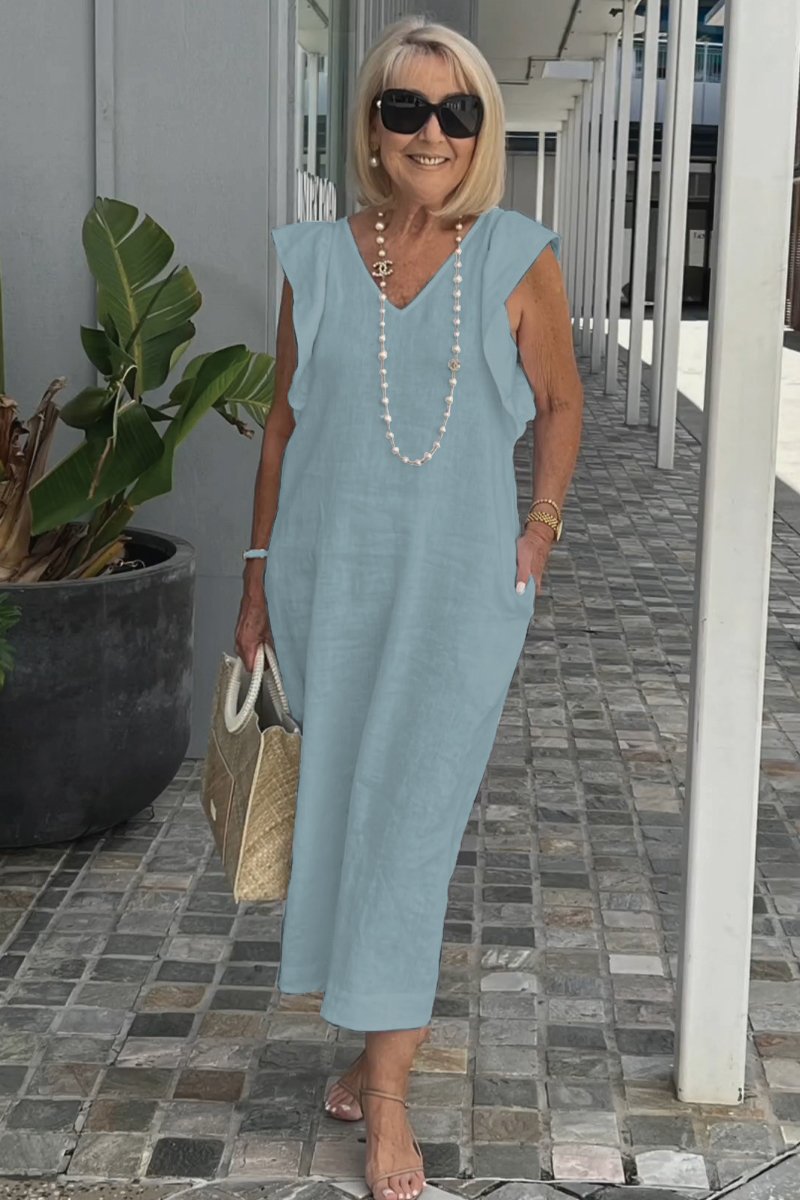 Greta - Elegantes V-Ausschnitt langes locker sitzendes Kleid