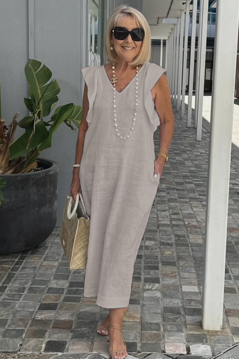Greta - Elegantes V-Ausschnitt langes locker sitzendes Kleid